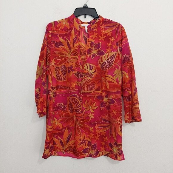 Ballinger Gold Size L Blouse Red Floral Button Down Collared Silk Blend Blouse - Picture 1 of 7